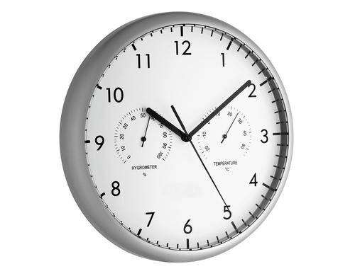 Wanduhr mit Thermometer silber weiss und Hygrometer, inkl. Z-Batterie