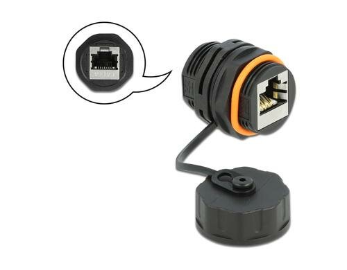 Delock Cat.6A Verbindungsmodul, geschirmt RJ45 zu RJ45 Buchse, IP67, orange, Kappe