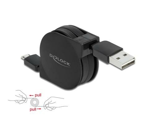 Delock Aufrollkabel EASY-USB2, A-MicroB, 1m mit Autorollfunktion, schwarz