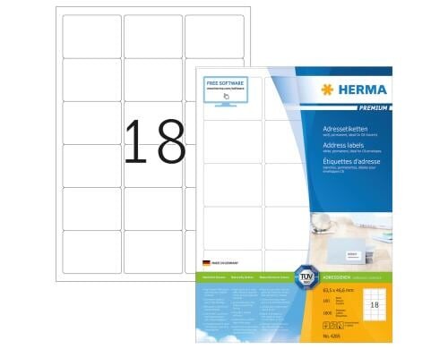 Herma Adressetiketten 4265 63,5 x 46,6 mm 1800 Etiketten, A4, 100 Blatt, permanent