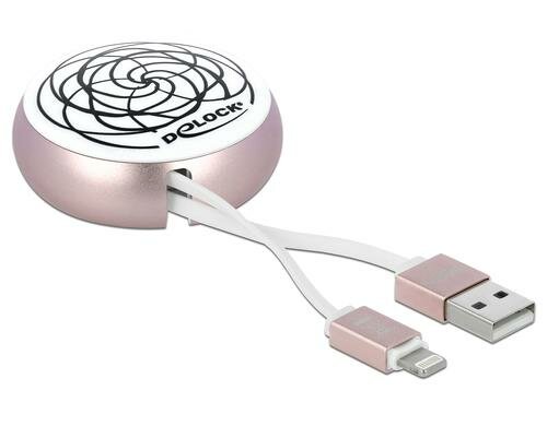 USB2.0 Aufrollkabel, 90CM, A-Lightning mit Autorollfunktion, weiss / rosé