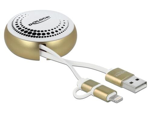 USB2.0 Aufrollkabel, 92CM, A-MB/Lightning mit Autorollfunktion, weiss / gold