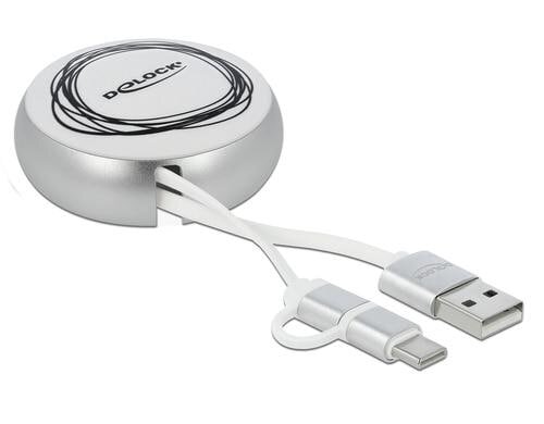 USB2.0 Aufrollkabel, 92CM, A-MB/Typ-C mit Autorollfunktion, weiss / silber
