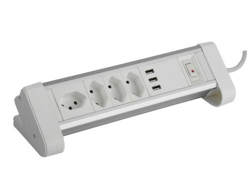 Schönenberger ALU Tisch-Steckdosenleiste 4xT13, 3xUSB mit Schalter, ws/alu, 2m Kabel