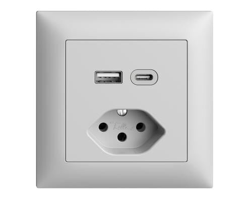 Feller EDIZIOdue Steckdose 1xUSB A,1xUSB C hellgrau, 3A, 1xT13, UP