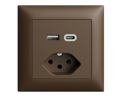 Feller EDIZIOdue Steckdose 1xUSB A,1xUSB C braun, 3A, 1xT13, UP