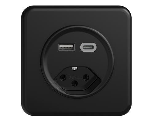 Feller STANDARdue Steckdose 1xUSB A,1xUSB C schwarz, 3A, 1xT13, UP