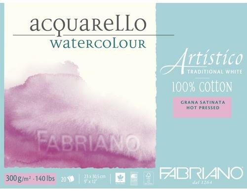 Fabriano Aquarellp. Artistico Trad.White 300g/m2, 20 Bl, Heiss gepresst, 23x30.5 cm