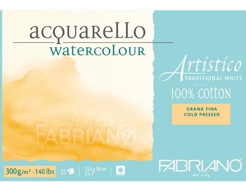 Fabriano Aquarellp. Artistico Trad.White 300g/m2, 25 Bl, Kalt gepresst, 12.5 x 18cm