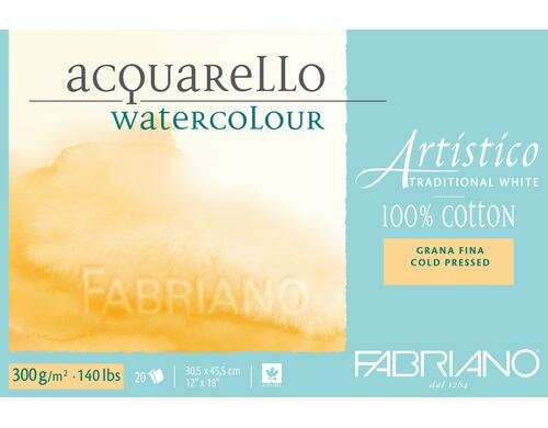 Fabriano Aquarellp. Artistico Trad.White 300g/m2, 20 Bl, Kalt gepresst, 30.5x45.5