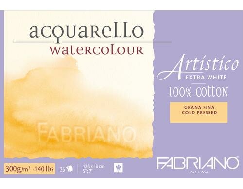 Fabriano Aquarellp. Artistico Extra White 300g/m2, 25 Bl, Kalt gepresst, 12.5 x 18cm
