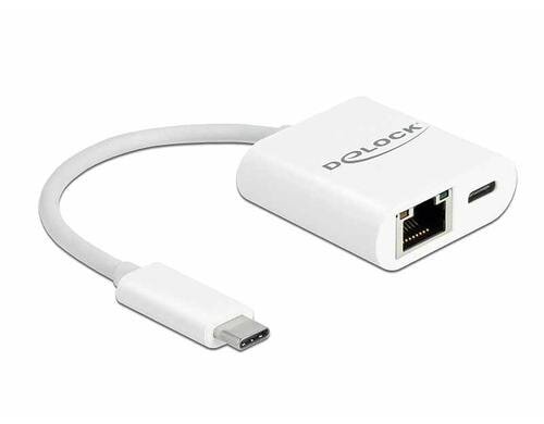 Delock USB Typ-C zu LAN / PD Adapter 10/100/1000Mbps Gigabit, PD, weiss, Kompakt