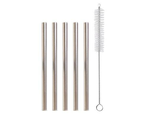 Strawganic Stahlstrohhalme Set gerade silbe 5 Stück 13cm, inkl. Reinigungsbürste