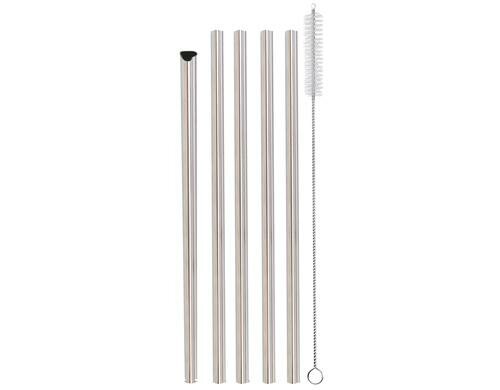 Strawganic Stahlstrohhalme Set Herz silber 5 Stück 21.5cm, inkl. Reinigungsbürste
